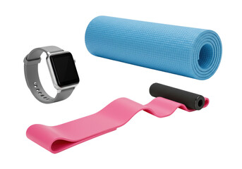 Isolated exercise gear including mat, resistance band, and smart watch fitness trackers