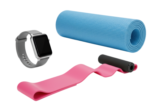 Isolated exercise gear including mat, resistance band, and smart watch fitness trackers
