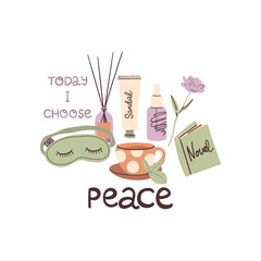 Self care card. Wellness and mindfulness. Relaxation at home. Aromatherapy and skincare cosmetic. Positive vibes and balanced life. Lettering emblem. Mental health vector cartoon isolated illustration