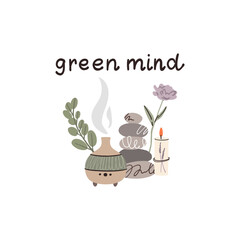 Green mind. Aromatherapy with candles diffuser. Spa stones. Massage relaxation, meditation and yoga. Alternative medicine. Vector cartoon flat isolated illustration