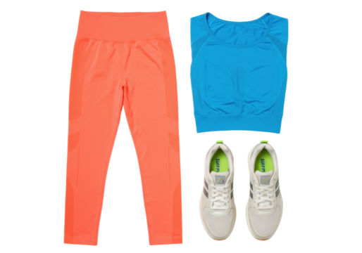 Isolated sportswear set for active women consisting of yoga leggings, top, and athletic shoes
