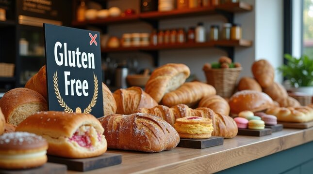 Exhibidor de panader&iacute;a sin gluten con una variedad de panes y pasteles