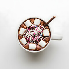 Top View of Hot Chocolate with Marshmallows and Pink Sprinkles