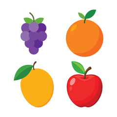 Collection of fresh, healthy fruit icons, including apple, orange, cherry, pear, strawberry, peach, plum, and banana, for food and diet illustration 