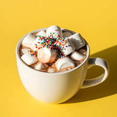 Bright and Cheerful Hot Chocolate with Marshmallows on Yellow background
