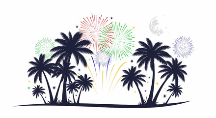 Naklejka premium Vector illustration of palm tree silhouettes set against colorful fireworks and a full moon on a tropical night
