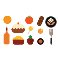 A vector set of colorful cartoon food icons including cake, coffee cup, bread, fruit, and cheese for a restaurant menu illustration