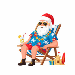 Santa Claus enjoying a summer Christmas vacation, sitting in a beach chair wearing sunglasses and a Hawaiian shirt, sipping a cocktail