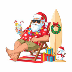 Cartoon illustration of Santa Claus relaxing in a deck chair, wearing an Aloha shirt and sunglasses, holding a tropical cocktail