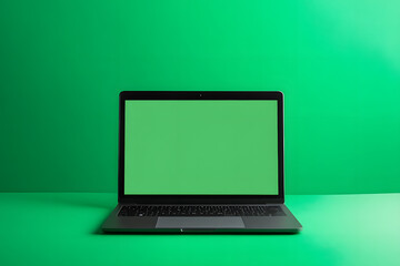 Fototapeta premium Modern Laptop with Green Screen on Vibrant Green Background