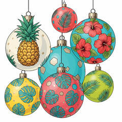 Vibrant vector illustration of hanging Christmas baubles featuring tropical patterns like pineapple, hibiscus flowers, and monstera leaves, isolated on white