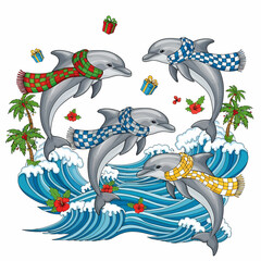 Vector illustration of dolphins wearing festive scarves, jumping over waves with tropical Christmas