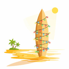 Tropical Christmas Surfboard with Decorative Lights on Sandy Beach