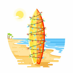 Summer Christmas Surfboard on Tropical Beach with Holiday Lights