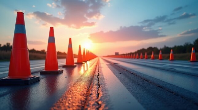 Conos de tr&aacute;fico en una carretera de asfalto mojado