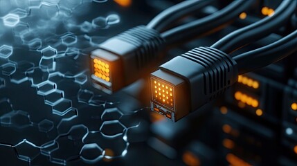 Abstract visualization highlights optical fiber cables connected to a network switch in a high-tech data center. This setup represents the backbone of telecommunication infrastructure
