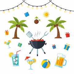 Flat design illustration of a warm weather holiday party featuring a barbecue grill, palm trees, cocktails, and festive lights on white