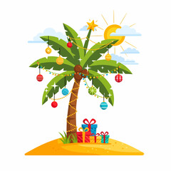 Vibrant vector illustration of a festive palm tree decorated with lights and ornaments on a sunny sandy island, capturing the spirit of a warm weather holiday celebration.