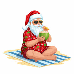 Summer Christmas Santa in Hawaiian Shirt Drinking Coconut on Beach