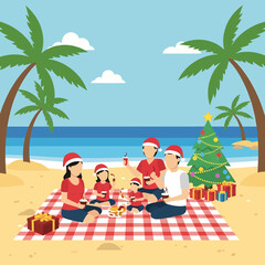 A cheerful vector illustration showing a family wearing Santa hats enjoying a holiday picnic on a sunny tropical beach with a decorated Christmas tree