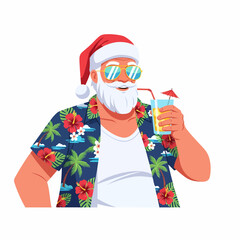 Cheerful Santa Claus in sunglasses and a vibrant Hawaiian shirt enjoys a refreshing tropical cocktail