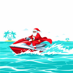 Vector illustration of a cool Santa Claus riding a jet ski across turquoise tropical water