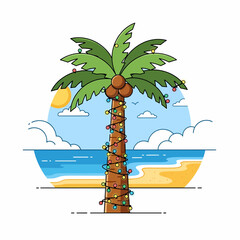 Flat illustration of a palm tree decorated with festive Christmas lights on a sunny, tropical beach background