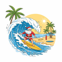 A fun cartoon illustration depicting Santa Claus surfing a massive blue wave at a sunny tropical beach surrounded by palm trees