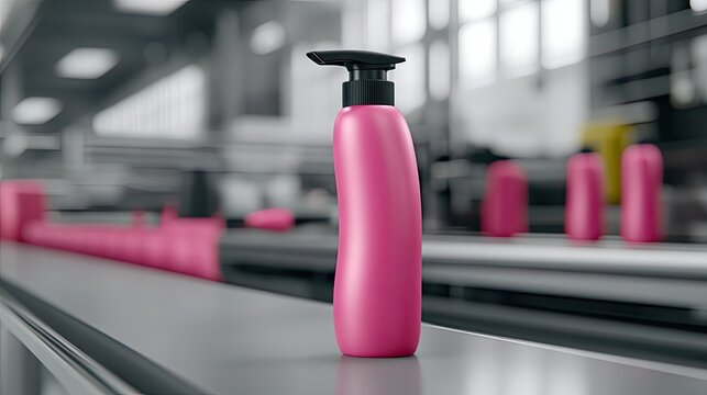 Pink shampoo bottles move along a production line in a factory, showcasing streamlined manufacturing processes focused on high-quality cosmetic products