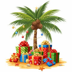 Vibrant tropical Christmas illustration featuring a decorated palm tree, festive lights, ornaments, and colorful presents nestled on sand