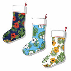 Set of three colorful Christmas stockings featuring vibrant tropical patterns with hibiscus flowers, palm, and monstera leaves