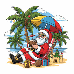 Santa Claus takes a well-deserved vacation, lounging on a tropical beach chair under a colorful umbrella while sipping a coconut drink