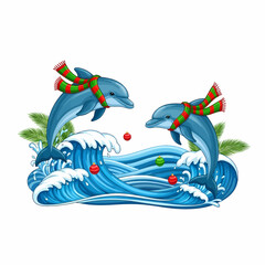 Two cartoon dolphins wearing festive scarves leap over blue ocean waves and Christmas ornaments