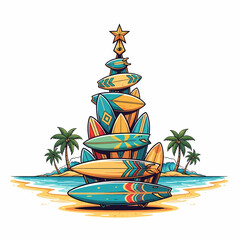 A vibrant vector illustration depicting a Christmas tree creatively constructed from colorful stacked surfboards, set on a sunny tropical beach