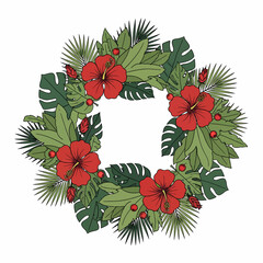 Festive tropical wreath vector illustration featuring vibrant red hibiscus and lush green palm and monstera leaves