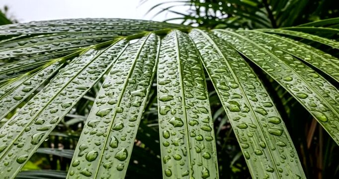 Closeup of a palm leaf covered in raindrops in a tropical forest