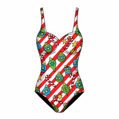 A fun cartoon illustration of a festive one-piece swimsuit featuring a vibrant Christmas pattern with ornaments, candy canes, and gift boxes over red and white stripes