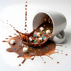 Dynamic Splash of Hot Chocolate Spilling from a White Mug