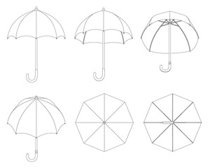 Set of six unique umbrellas in line art style, featuring distinct shapes on white background.