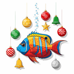 Vibrant vector illustration of a tropical reef fish surrounded by hanging Christmas ornaments, bells, and bubbles