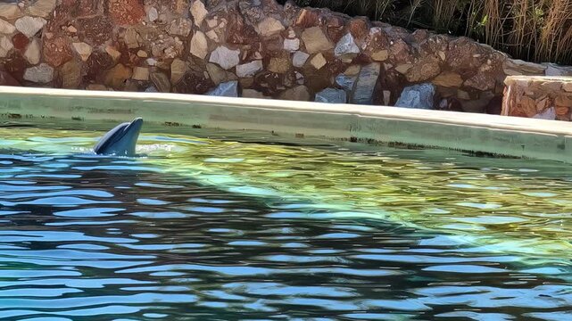 A dolphin emerges vertically from a pool during a show at Attica Zoological Park. Spata, Greece