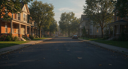 Obraz premium American suburban street with detached houses, lawns, and parked cars.