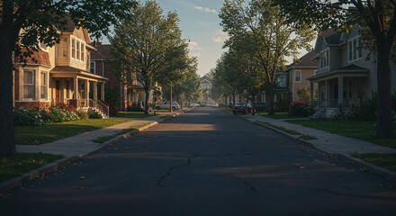 Fototapeta premium American suburban street with detached houses, lawns, and parked cars.