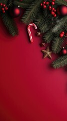 Decorative Christmas frame crafted from lush green fir branches adorned with red and gold elements like candy canes, stars, and berries against a bright red backdrop, perfect for seasonal greetings