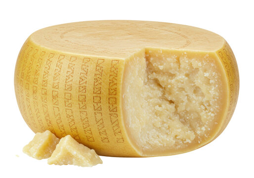 Isolated Parmigiano Reggiano cheese wheel portion, cut wedges, authentic Italian hard cheese