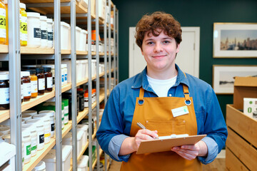 Portrait of young man smiling while holding clipboard and pen, standing in storage room with shelves filled with containers, working inventory management