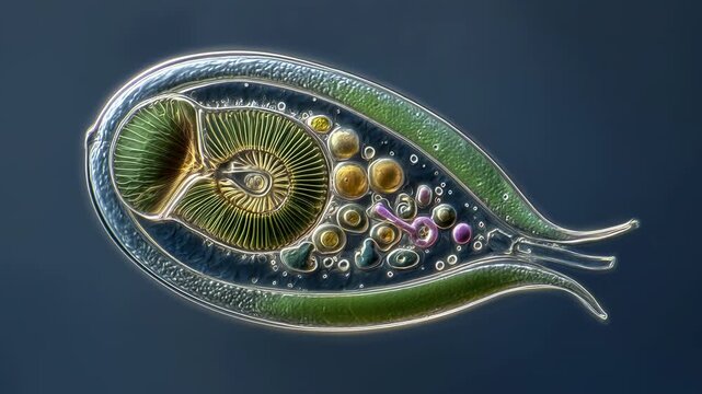 Delicate colorful microscopic single celled aquatic organism with chloroplast and ornamented vacuole protozoan diatom showing vivid internal