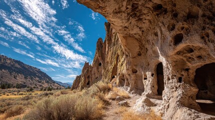 Tufa rock formations and caves at mono lake, california, under a blue sky