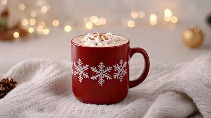A red mug with a snowflake design overflows with hot cocoa, nestled among warm blankets and fairy lights, offering a cozy holiday atmosphere filled with cheer