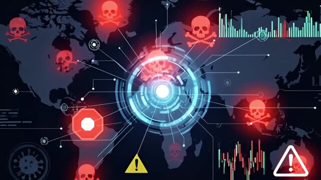 Global cyber threat map with skull icons indicating danger zones and data visualizations.